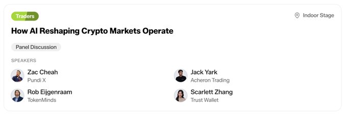 The image shows a "Traders" panel discussion titled "How AI Reshaping Crypto Markets Operate" at the Indoor Stage, featuring speakers Zac Cheah (Pundi X), Rob Eijgenraam (TokenMinds), Jack Yark (Acheron Trading), and Scarlett Zhang (Trust Wallet). It relates to the post by highlighting that Zac Cheah, the Pundi X founder mentioned, will be speaking at Coinfest Asia in Bali about AI's impact on crypto market structure.