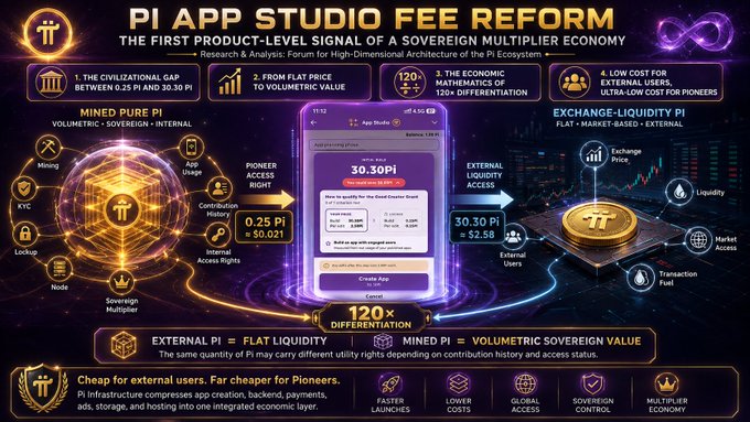 This infographic outlines the "PI APP STUDIO FEE REFORM," highlighting four key reforms: closing the gap between mined Pi (0.25 Pi internal) and exchanged Pi ($2.58), shifting from flat-price to volumetric value, differentiating 120× across economic mathematics, and lowering costs for external users while keeping low-cost access for pioneers. It visualizes how mined Pi (volumetric, sovereign, internal) differs from exchanged Pi (flat, market-based, external), emphasizing 120× differentiation and Pioneer Access Rights as the first product-level signal of the Sovereign Multiplier Economy.

The image directly illustrates the post's themes by mapping the technical mechanics of Pi's dual-token value system, the 120× differentiation metric, and pioneer-exclusive access rights into a single visual framework, reinforcing the article's predictive analysis of Pi's transition into a multilayer economy.