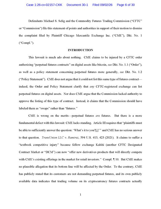 Page 6 of a legal document (Case 1:26-cv-02157-CKK, Document 30-1, Filed 09/02/26) titled 'INTRODUCTION,' concerning defendants Michael S. Selig and the Commodity Futures Commission (CFTC) regarding perpetual futures contracts on digital assets like bitcoin.