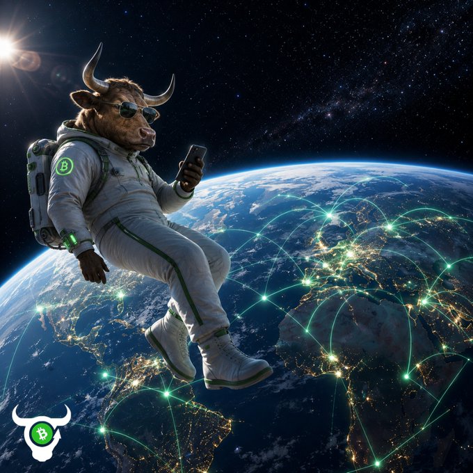 The image features a bull wearing sunglasses and a backpack while sitting on top of Earth. The background shows the planet with various cities and lights, suggesting that this scene takes place at night or during nighttime hours. The caption reads "Planet peer-to-peer, as it was always destined to be." This phrase is likely an allusion to the idea that the internet has connected people worldwide, creating a global network of communication and information exchange.