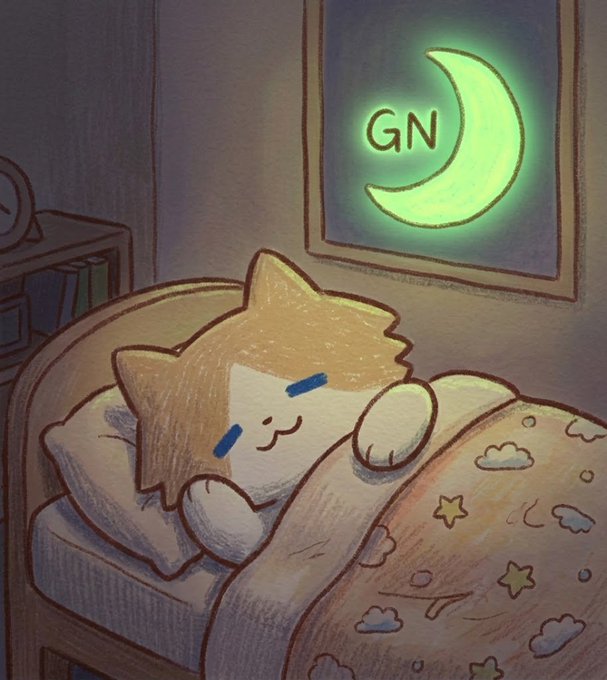 A cozy digital illustration of a sleeping orange and white cat in bed under a starry blanket, with a glowing green neon sign reading 'GN' on the wall.
