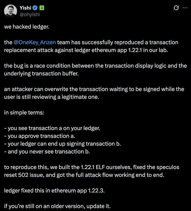 A tweet from Yishi (@ohyishi) announces that the @OneKey_Anzen team successfully reproduced a transaction replacement attack against Ledger Ethereum app 1.22.1 in their lab, exploiting a race condition between display logic and the transaction buffer that could cause users to sign transaction B while reviewing transaction A. The tweet notes Ledger fixed the vulnerability in Ethereum app 1.22.3 and urges users on older versions to update.