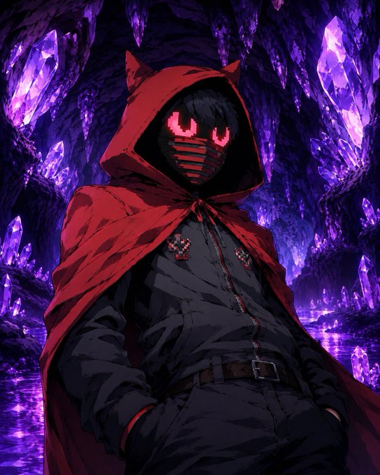 The image features a person wearing a red hooded cape with a skull design on it, standing against a purple background that resembles a cave or rock formation. The caption reads "I've been in crypto since 2001. Been in so many communities & alpha groups since then. But now my ONLY home is @0xAlphaGEMs. This is my family. The only place I chat daily on Discord. So please stop sending me invites to your communities."