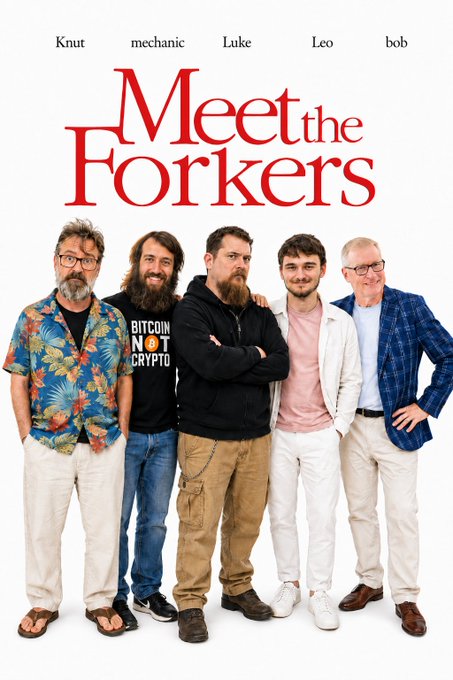 A promotional poster titled "Meet the Forkers" features five men standing in a row against a white background, each labeled above with the names "Knut," "mechanic," "Luke," "Leo," and "bob." The group's casual attire, including one member wearing a "Bitcoin Not Crypto" t-shirt, hints at their connection to cryptocurrency and Bitcoin.