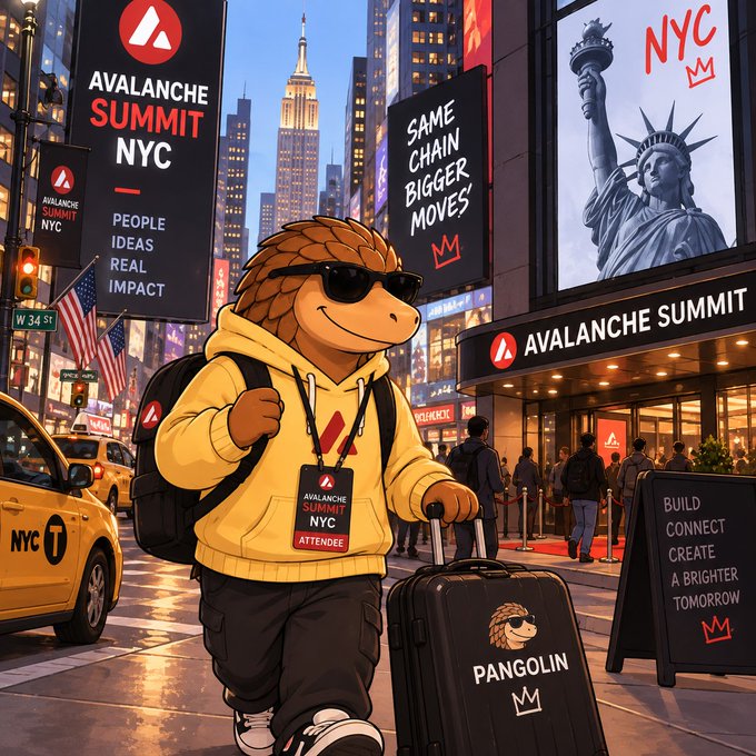 A cartoon pangolin wearing sunglasses, a yellow "Avalanche Summit NYC" hoodie, and an attendee lanyard walks through Times Square pulling a suitcase labeled "PANGOLIN," with surrounding billboards advertising the "Avalanche Summit NYC" with the slogans "Same Chain, Bigger Moves" and "Build, Connect, Create a Brighter Tomorrow," tying into the post's announcement that Pangolin will be attending the upcoming NYC summit.