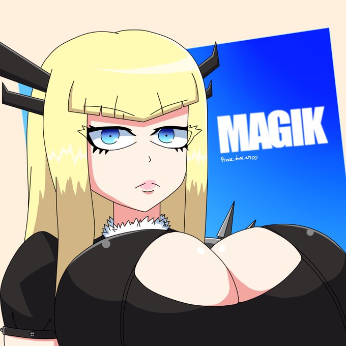 An anime-style illustration depicts a blonde, blue-eyed female character with small horns and a spiked collar, wearing a black top with a deep neckline. She is positioned next to a blue promotional poster reading "MAGIK" in bold white text, fitting the post's reference to the Marvel character Magik from the "Tokon" fighting game.