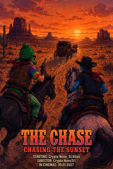 A movie poster titled 'THE CHASE: CHASING THE SUNSET' features two characters on horseback pursuing a stagecoach in a desert at sunset, with text reading 'STARTING: Crypto Novo, 3i/Atlas', 'DIRECTOR: Crypto Novo311', and 'IN CINEMAS: 30.01.2027'.