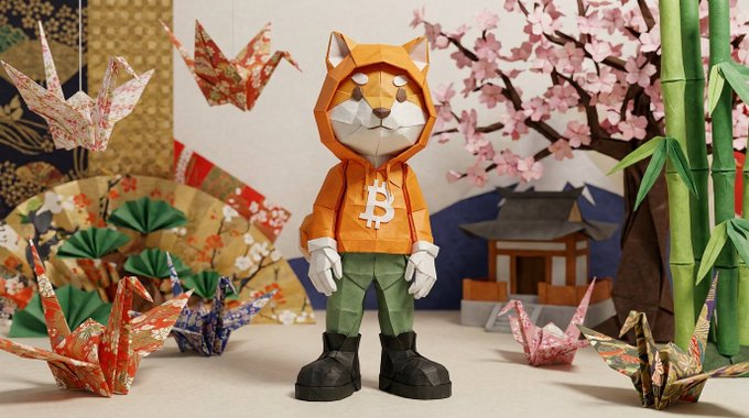 The image features a small paper model of a dog dressed in an orange hoodie with a Bitcoin symbol on its chest. The dog stands next to a tree, surrounded by origami birds that are scattered around the scene. The background includes a white wall adorned with various origami designs and plants, creating a unique and artistic atmosphere. The post reads "Some see paper We see culture, patience, and conviction folded into something timeless That'S the $DOG Army". This message emphasizes the idea of transforming everyday objects or concepts into art and conveying a powerful message through creativity.