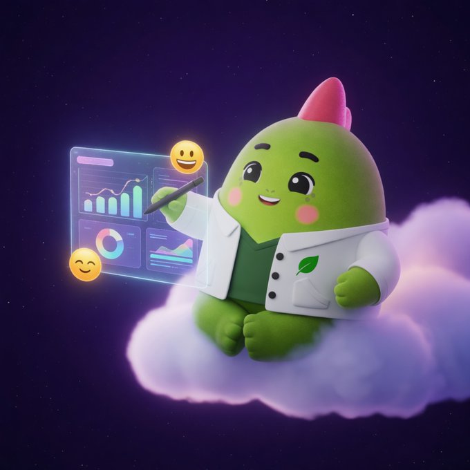 !!!START!!! is a cartoon character with a green body, red hair, and a pink hat, holding a graph on a blue screen against a purple sky backdrop.