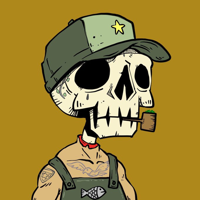 A cartoon skeleton wearing a military cap with a gold star and green overalls is depicted smoking a pipe, with no visible text or numbers in the image. The illustration serves as a stylized, whimsical avatar for the crypto/XRPL community post, embodying the creator's resilient "keep pushing forward" spirit despite their health struggles.