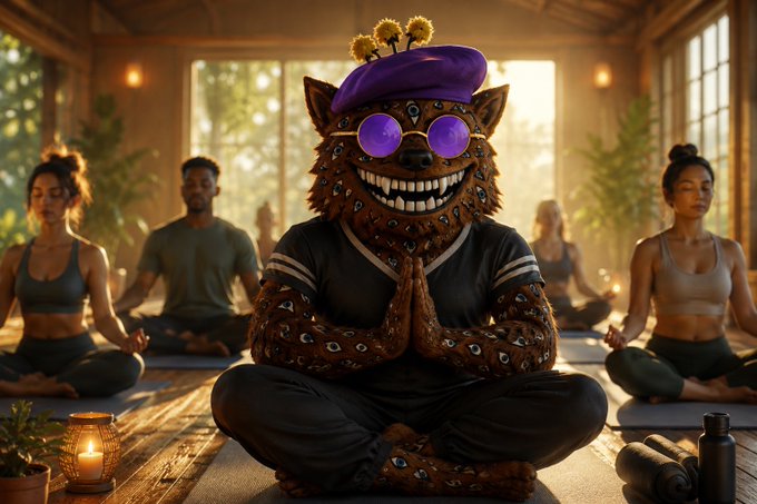An anthropomorphic furry creature wearing a purple beret and sunglasses meditates in a yoga pose at the front of a class, with other people seated in meditation behind them.