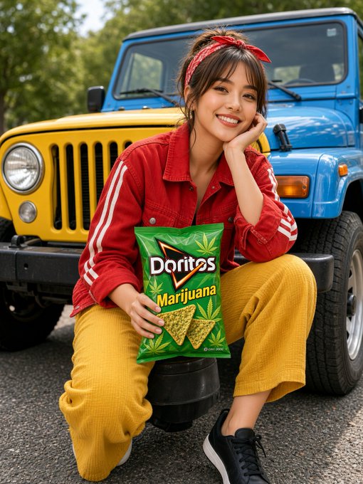 A young woman in a red jacket and yellow pants smiles while sitting on a tire in front of a yellow Jeep, holding a green bag of Doritos labeled 'Marijuana'.