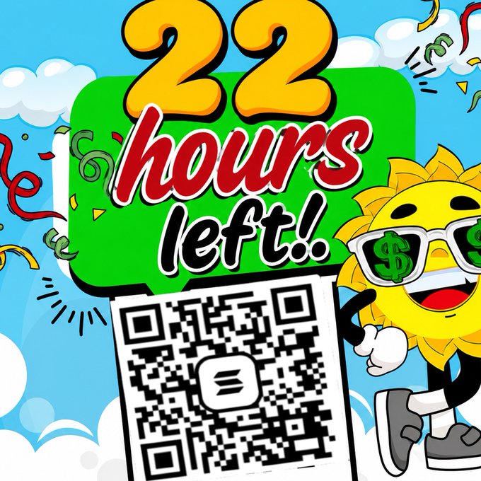 A vibrant countdown graphic reads "22 hours left!" above a QR code, featuring an enthusiastic cartoon sun character wearing dollar-sign sunglasses against a blue sky backdrop with confetti, promoting the final hours of the $SUMMER token presale at $0.9.