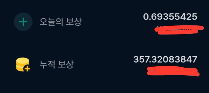 The image shows a screenshot with two sections: "오늘의 보상" (Today's Reward) of 0.69355425 SOL and "누적 보상" (Cumulative Reward) of 357.32083847 SOL, directly matching the post about Solana staking cumulative rewards reaching 357 SOL. The author appears to be tracking their staking earnings in anticipation of selling once the rewards converge on 100 million KRW.
