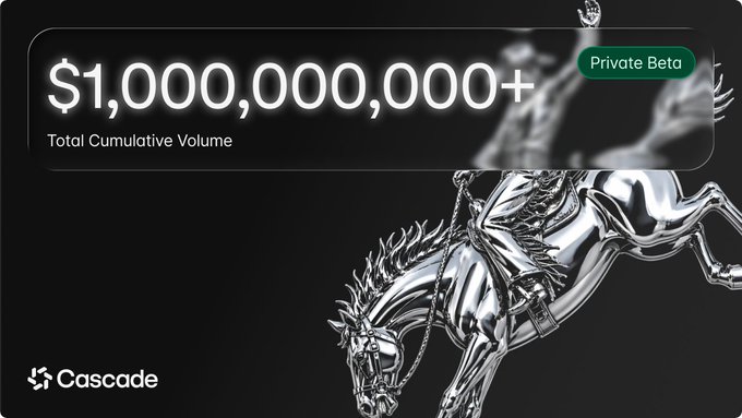 The image is a promotional graphic for Cascade (Cascade.xyz) in private beta, highlighting "$1,000,000,000+ Total Cumulative Volume" alongside a metallic rearing horse sculpture on a black background. It appears to showcase Cascade's trading volume milestone, contrasting the platform's bold success metrics against the post's warnings about rumors of an exit scam and prolonged inactivity from the team behind Perennial Labs and EquilibriaFi.