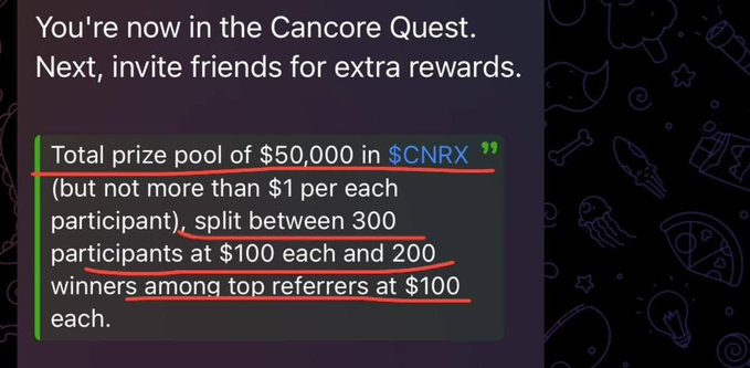 A notification screen stating 'You're now in the Cancore Quest' with red underlines highlighting the total prize pool of $50,000 in $CNRX, split between 300 participants at $100 each and 200 top referrer winners at $100 each.