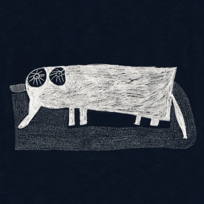A stylized white and black illustration of a four-legged animal with two circular, sun-like markings on its head, set against a dark background with a dotted rectangular field below it.