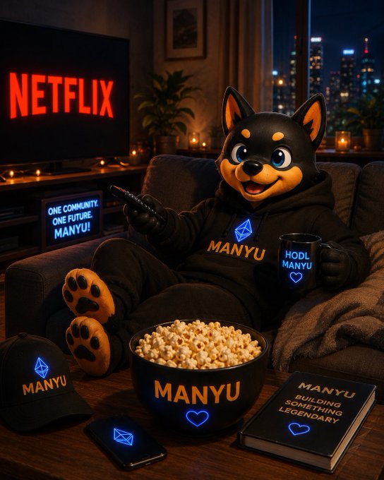 A cartoon dog mascot in a black hoodie sits on a couch watching Netflix, holding a remote and a 'HODL MANYU' mug, surrounded by MANYU-branded merchandise and a bowl of popcorn.