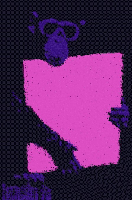 A pixelated, low-resolution abstract image featuring a blue figure wearing sunglasses holding a large bright pink rectangular object, with a smaller pink shape below, set against a checkered gray background.