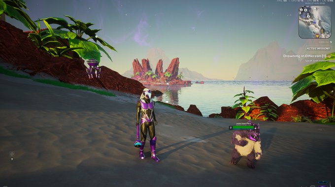 A screenshot from a video game shows a character in purple and black armor standing on a beach next to a small bear-like creature, with a mission tracker displaying "Drowning in Etheron (1)".