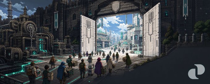 A panoramic fantasy illustration depicts a massive stone gate opening to reveal a bright city beyond, with figures in cloaks and backpacks gathered in the foreground amid glowing teal technological elements.