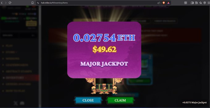A screenshot from hub.token.cc/inventory showing a pop-up box that reads '0.02754 ETH $49.62 MAJOR JACKPOT' with 'CLOSE' and 'CLAIM' buttons.