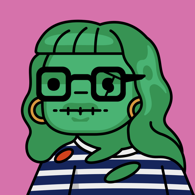 A stylized cartoon illustration of a green-skinned character with long wavy hair, black glasses (one lens cracked), and orange hoop earrings, wearing a navy and white striped shirt against a pink background. The image represents a "Betty" NFT from the Deadfellaz collection, which the poster acquired after persistent bidding, as indicated by the accompanying post celebrating the purchase and linking to its OpenSea listing.