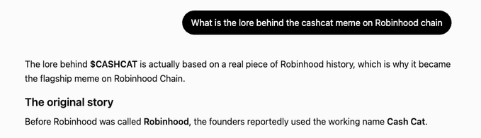 Text snippet explaining the lore behind the $CASHCAT meme on Robinhood Chain, noting that before Robinhood was called Robinhood, the founders reportedly used the working name Cash Cat.