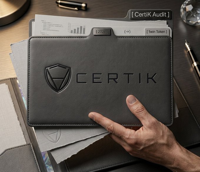 A close-up of a person's hand holding a black leather portfolio embossed with the "CERTIK" name and logo, displaying a completed audit document marked with tags reading "[CertiK Audit]," "[2026]," and "[1win Token]," visually representing the completion of CertiK's audit for the 1win Token.