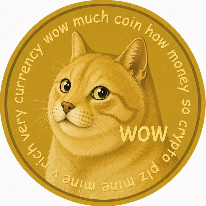 A gold meme coin featuring a Shiba Inu-style cat illustration with the text "wow much coin how money so crypto plz mine very rich currency" and "WOW" surrounding it, representing Catecoin (CATE), the pioneering cat-themed cryptocurrency launched on Ethereum in November 2021. The image's playful Doge-inspired aesthetic reflects the meme coin culture that Catecoin helped establish before it became a widespread trend in crypto.