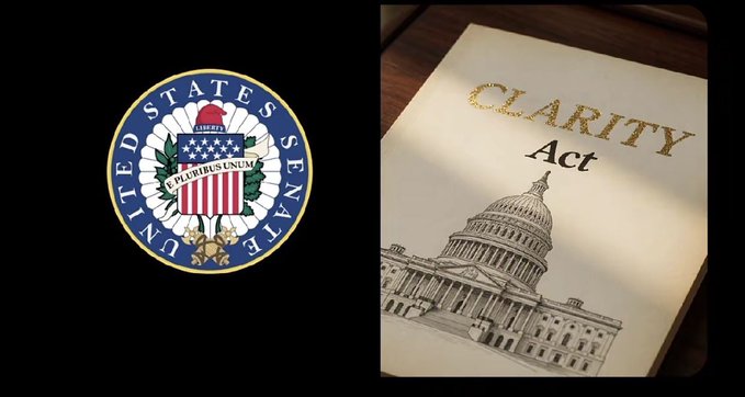 An image showing the United States Senate seal on the left and a document titled 'CLARITY Act' with an illustration of the U.S. Capitol building on the right.