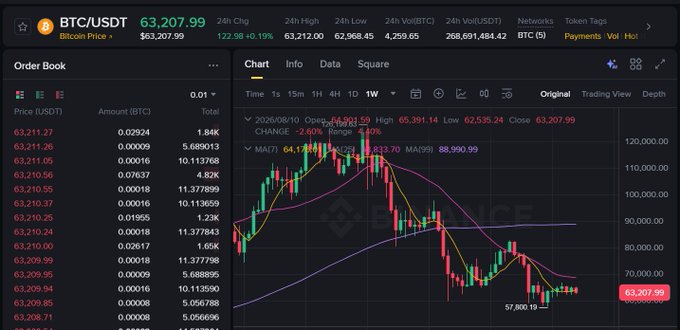 A cryptocurrency trading interface for BTC/USDT showing Bitcoin Price at 63,207.99 with a 24h Chg of +122.98 (+0.19%), including an order book and a candlestick price chart.