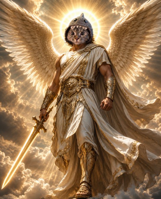 Fantasy illustration of an angelic warrior with a cat's face, large white wings, golden armor, and a glowing sword, standing on clouds with a radiant halo behind its head.