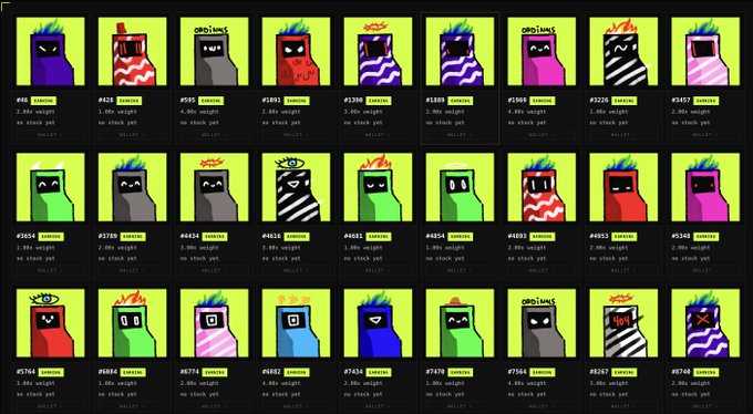 A grid of 30 colorful pixel-art pet characters (numbered #486 to #5748, all labeled "ZOMBIE") with stack weights ranging from 1.00 to 10.00, highlighting the fair and varied distribution of CryptoPunks-style "GMB machines" collectibles referenced in the post as a printer pumping out unique prints.