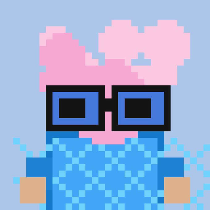 A pixel art style illustration features a character with pink hair, blue sunglasses, and a blue shirt, surrounded by scattered blue pixel particles against a solid light blue background.