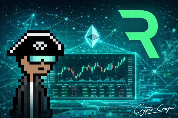 A cartoon man wearing glasses stands next to a large computer monitor that displays a graph of cryptocurrency prices, with the word "Ethereum" at the center. Below this, there are two small figures representing real humans engaged in trading. The image suggests that Ethereum is already being used as a settlement layer for trading and highlights the potential future of high-speed trading on Ethereum's blockchain network.