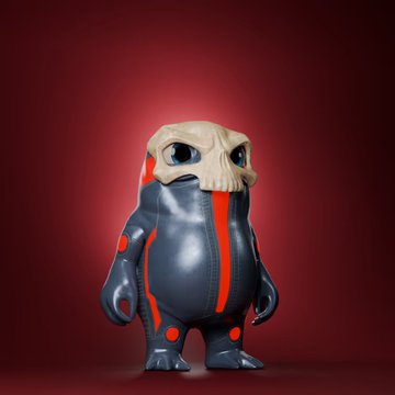 A 3D-rendered figure wearing a dark blue suit with red circular accents and a skeletal, alien-like head with a wide mouth, set against a dark red background.