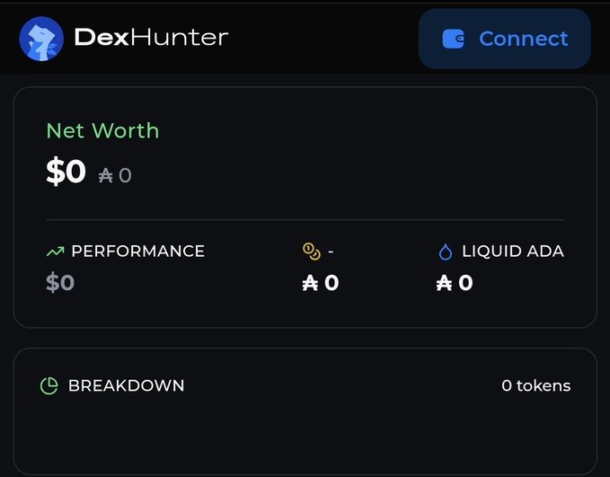 The DexHunter interface shows a net worth of $0, performance of $0, and 0 tokens, suggesting an empty or disconnected wallet, which aligns with the post's implication of a potential entry after the Wanchain bridge hacker liquidated stolen assets.