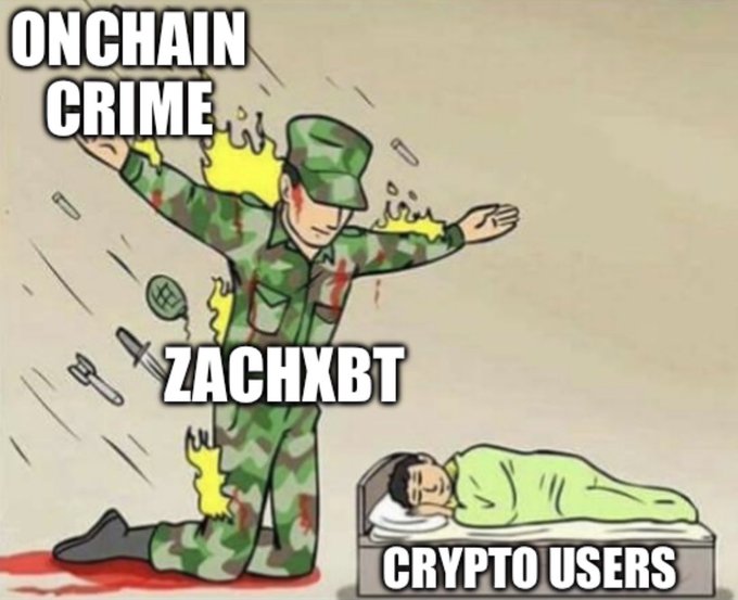 A meme depicting a bloodied soldier labeled 'ONCHAIN CRIME' and 'ZACHXBT' standing over a peacefully sleeping person in bed labeled 'CRYPTO USERS'.