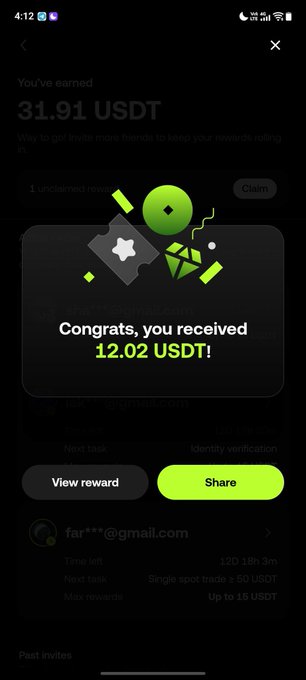 A mobile app screenshot showing a rewards screen with text "You've earned 31.91 USDT" and a popup message "Congrats, you received 12.02 USDT!" with View reward and Share buttons.