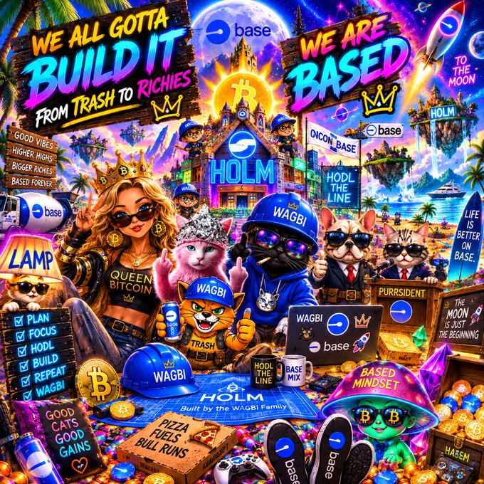 A chaotic, colorful, and highly detailed meme-style digital poster celebrating the 'HOLM' project on the 'base' blockchain, featuring various animal characters, Bitcoin imagery, and phrases like 'WE ALL GOTTA BUILD IT' and 'WE ARE BASED'.