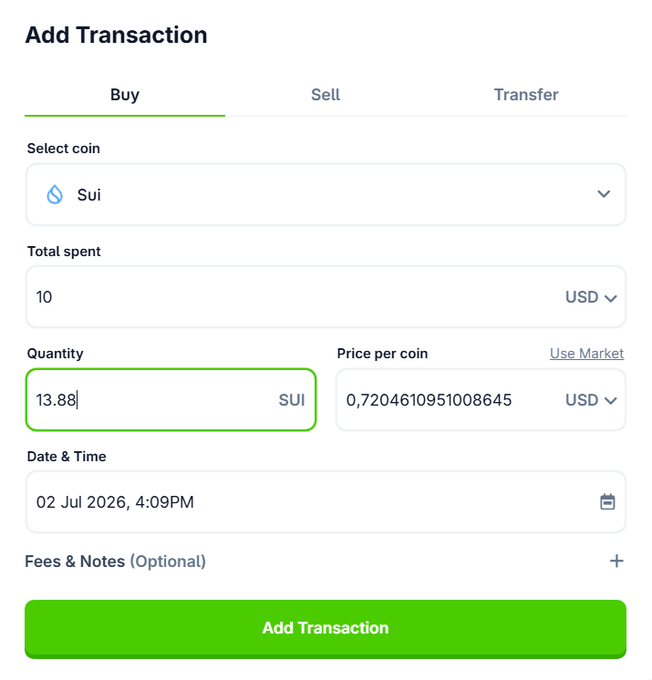 A screenshot of an "Add Transaction" form showing a Buy of Sui with a total spent of 10 USD for a quantity of 13.88 SUI at a price of 0.7204610951008645 USD per coin, dated 02 Jul 2026, 4:09 PM. The form visually confirms the $10 USDC investment for 13.88 SUI at ~$0.72 mentioned in the Day 94 accumulative post.