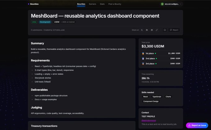 The image shows an active webpage where several posts are displayed with different topics ranging from developers working on the @Cardano Bounties challenge to others offering their insights or participating in a conversation related to this project. This particular post appears to be focused on the @Cardano Bounties challenge, and it invites developers to join in and engage with the ongoing discussions about it. The image provides information about how to become involved in this platform, and what kind of people can participate in the challenge.