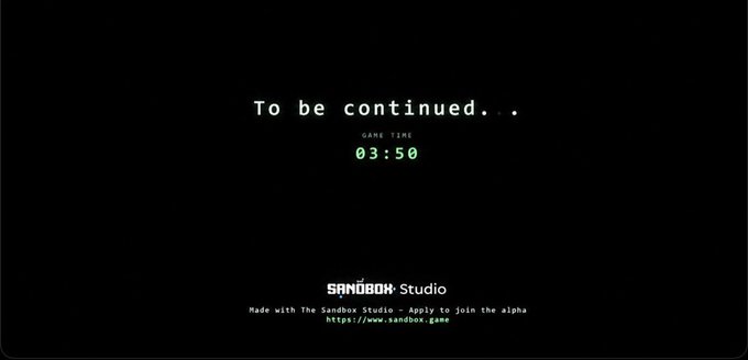The image shows a screenshot of a game timer page displaying the words "finished this in 03:50." This text indicates that the player has completed the game within the given time frame. The rest of the screen is black with only some white text, including the studio and game name provided by the creator at The Sandbox Game studio. Additionally, there are two lines of green text providing further information about the game and its purpose: "made with the sandbox studio - apply to join the alpaht waitlist." This implies that players who successfully complete this timer challenge will have a chance to join an exclusive waiting list for future games developed by The Sandbox Game.