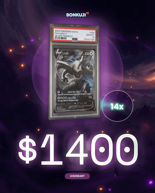 A Bonkuji marketplace listing for a 2022 Pokemon Swsh Silver Tempest Lugia V PSA 10 graded card priced at $1400 with 14x multiplier, labeled 'LEGENDARY'.