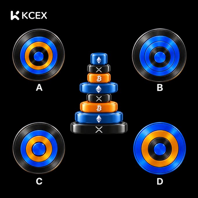 A promotional graphic for KCEX cryptocurrency exchange showing a pyramid of stacked crypto coins (ETH, XRP, BTC) in the center, with four circular design options labeled A, B, C, and D around it.