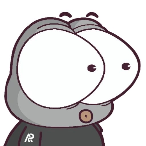 A cartoon mascot with a large white face, small black eyes, and a gray hooded outfit featuring a black shirt with a white logo on the chest.