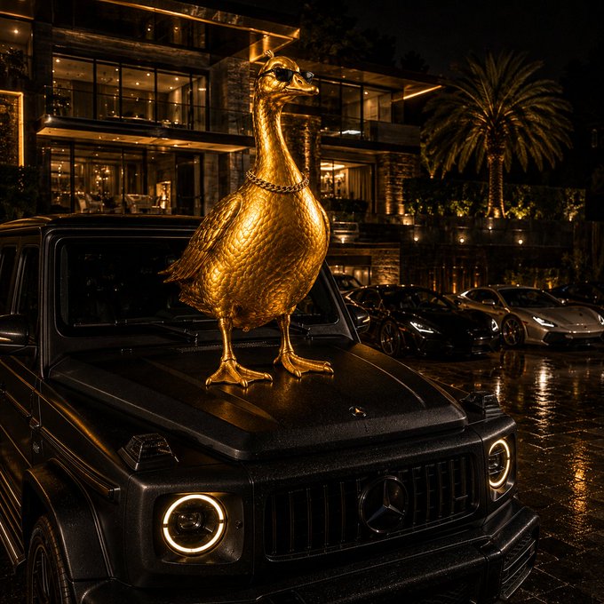 A black Mercedes G-Wagon SUV with a large golden statue of a duck wearing sunglasses and a gold chain displayed on the hood, parked in front of a luxury building at night.