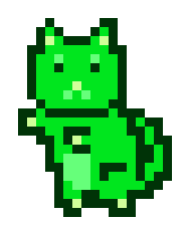A simple pixel art illustration of a green cat-like creature sitting upright against a white background.