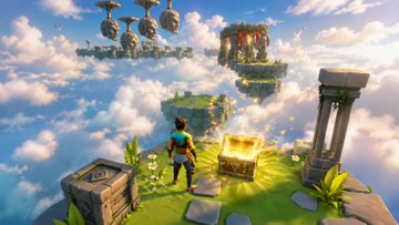 A player stands on a floating island surrounded by clouds, a glowing golden chest at their feet and ancient ruins ahead, evoking a sense of adventure and discovery as Bamboo Games launches its first mobile game into testing on Google Play. The image visually captures the spirit of a new gaming journey beginning, symbolizing Bamboo Games' ambitious goal of reaching over 1,000,000 players.